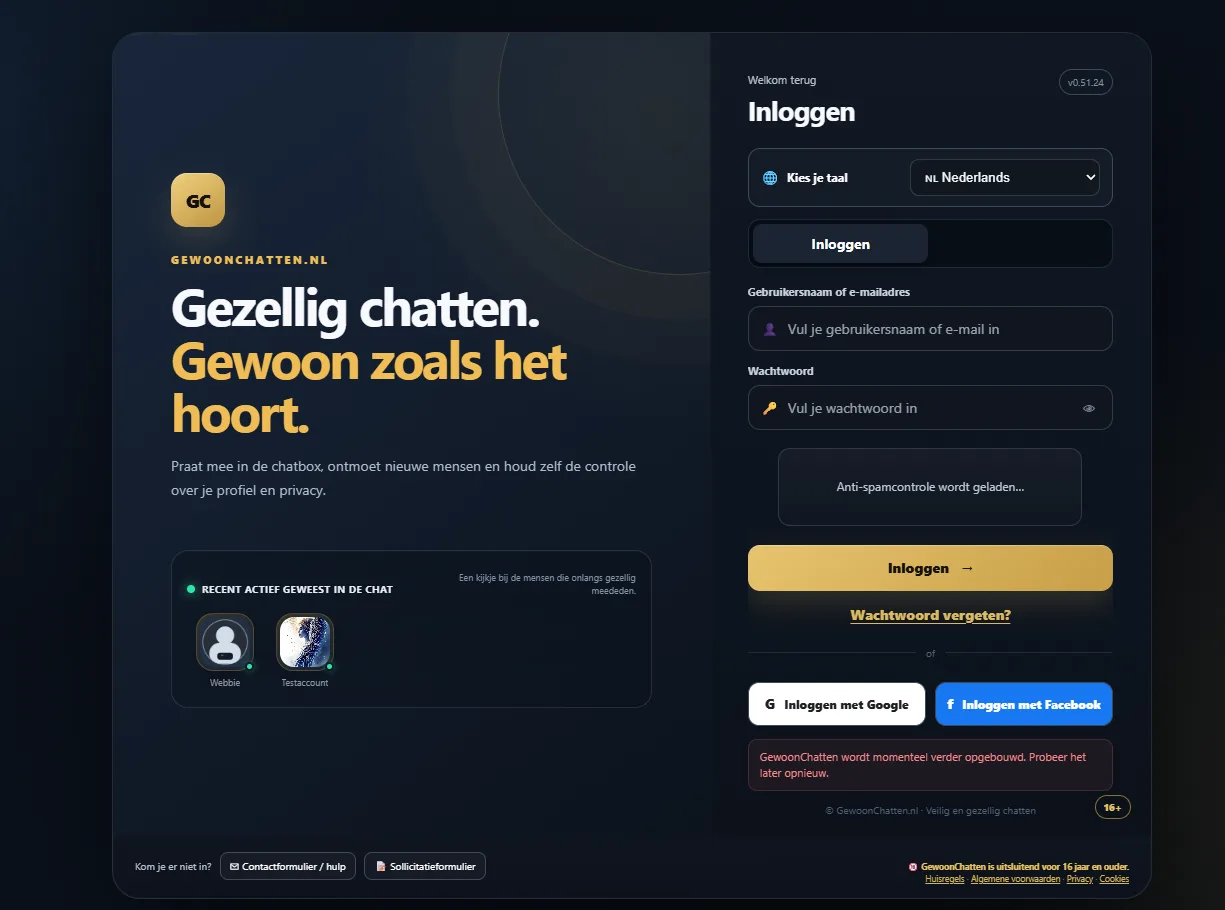 GewoonChatten Chatsysteem toegangsscherm